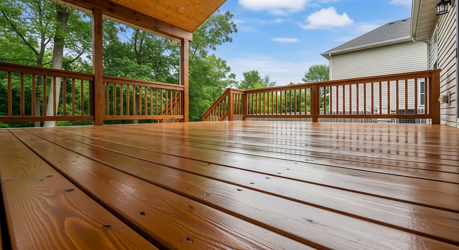 Glossy sealed and stained covered deck with wood railings behind a home, deck staining and sealing in Dallas, Texas